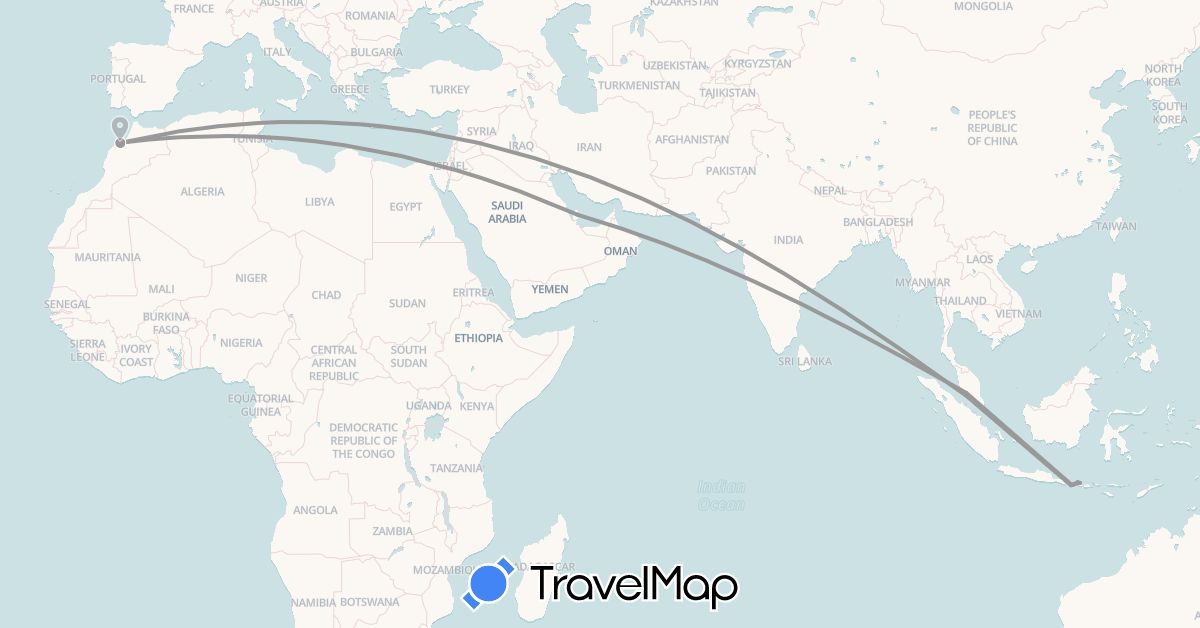TravelMap itinerary: driving, plane in Indonesia, Morocco, Malaysia, Qatar (Africa, Asia)